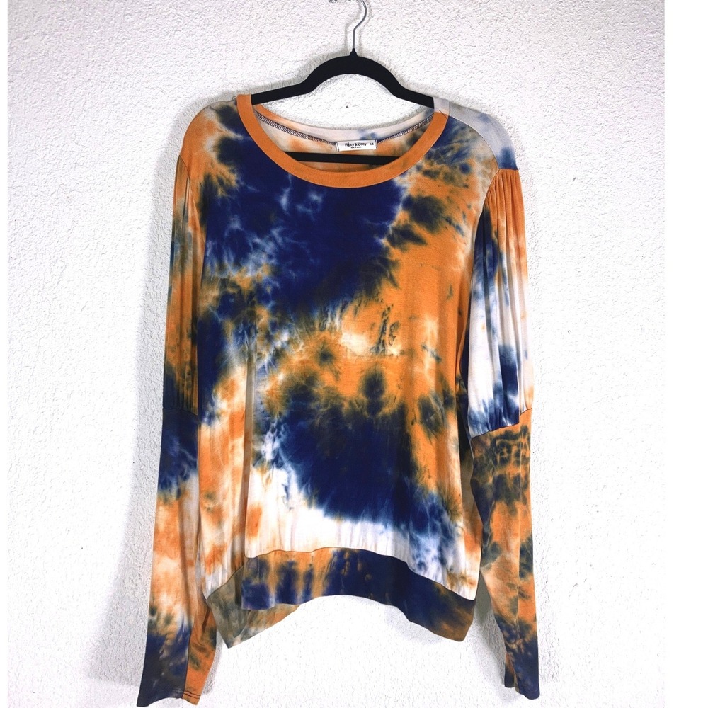Mikey & Joey Women 1X Tie Dye Long Sleeve Top Orange Navy Blue Pleated Sleeve